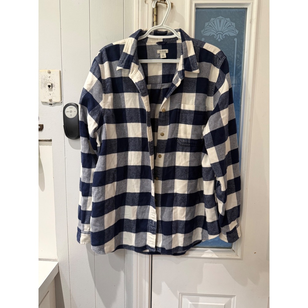 LL Bean Organic Cotton Flannel Shirt Navy White Buffalo Check Plaid XL